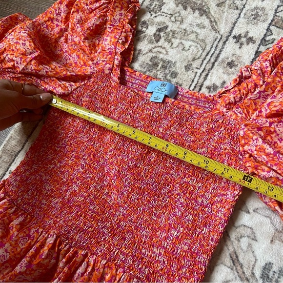 Cece Vibrant Orange Pink Floral Blouse Smocked Peplum Puff Sleeve Small - Picture 8 of 10